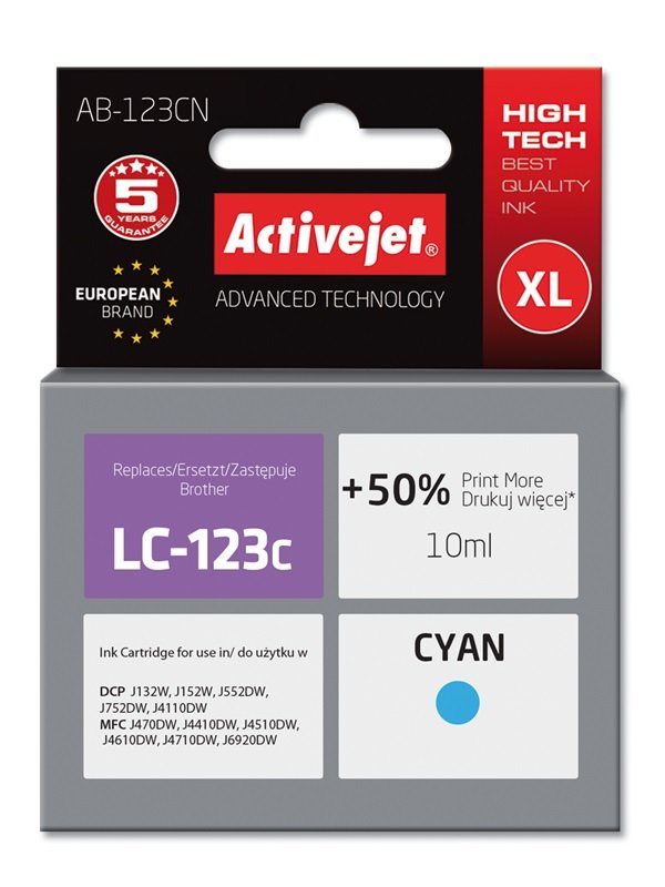 Tinta Activejet Ab-123cn (Reemplazo Para Brother Lc123c / 121c - Supreme - 10 Ml - Cyan