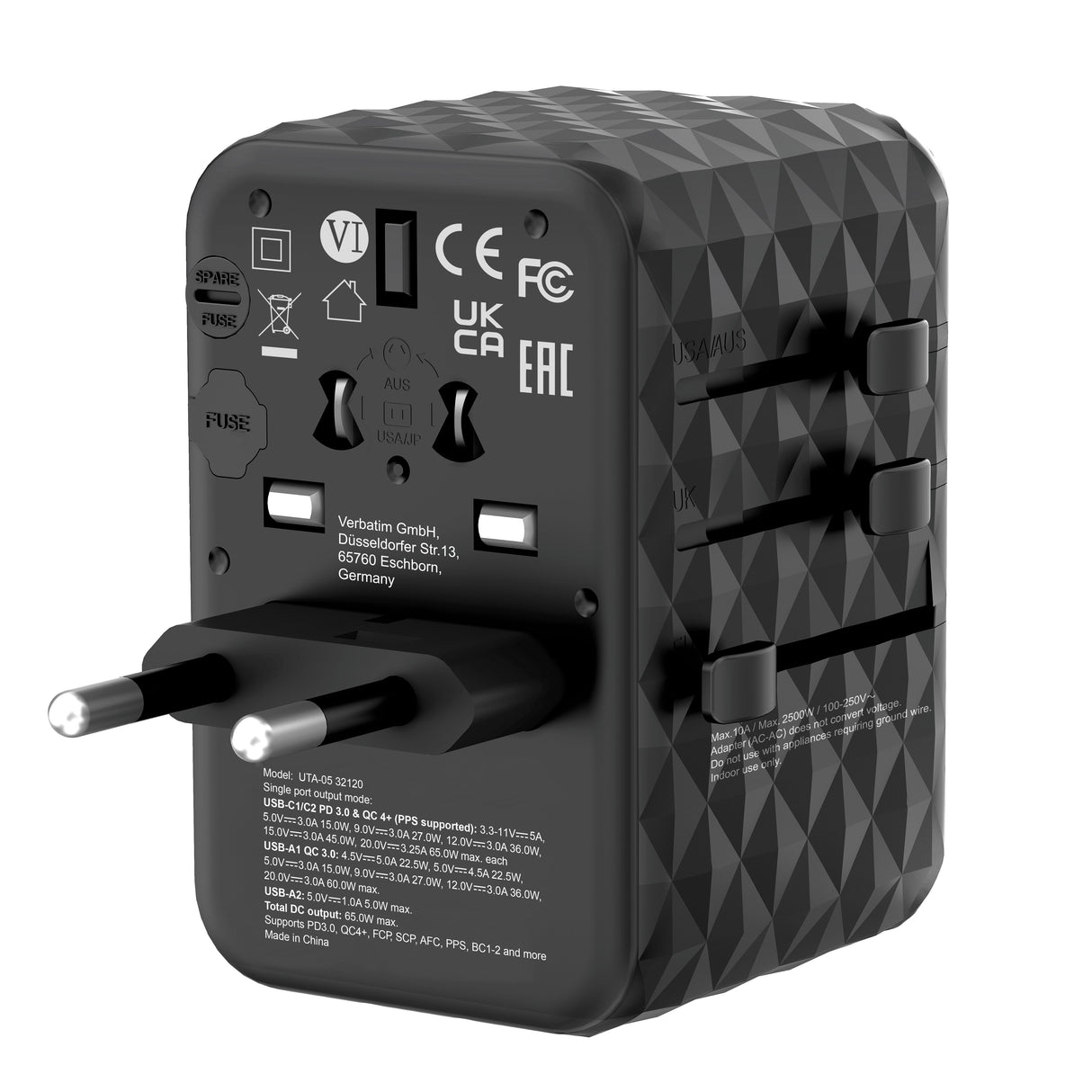 Cargador De Pared Universal Verbatim Uta-05 Gan Iii Toma De Corriente Universal 2xusb Tipo-C 2xusb 65w