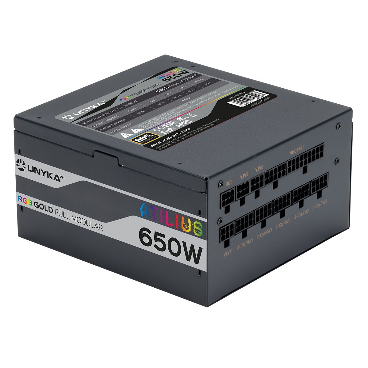 Fuente De Alimentación Unyka Atilius Rgb Atx 650w Black Cableado Modular Apfc Activo Eficiencia Energetica 90% Ventilador Rgb 120mm Ultra Silencioso