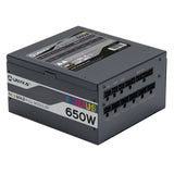 Fuente De Alimentación Unyka Atilius Rgb Atx 650w Black Cableado Modular Apfc Activo Eficiencia Energetica 90% Ventilador Rgb 120mm Ultra Silencioso