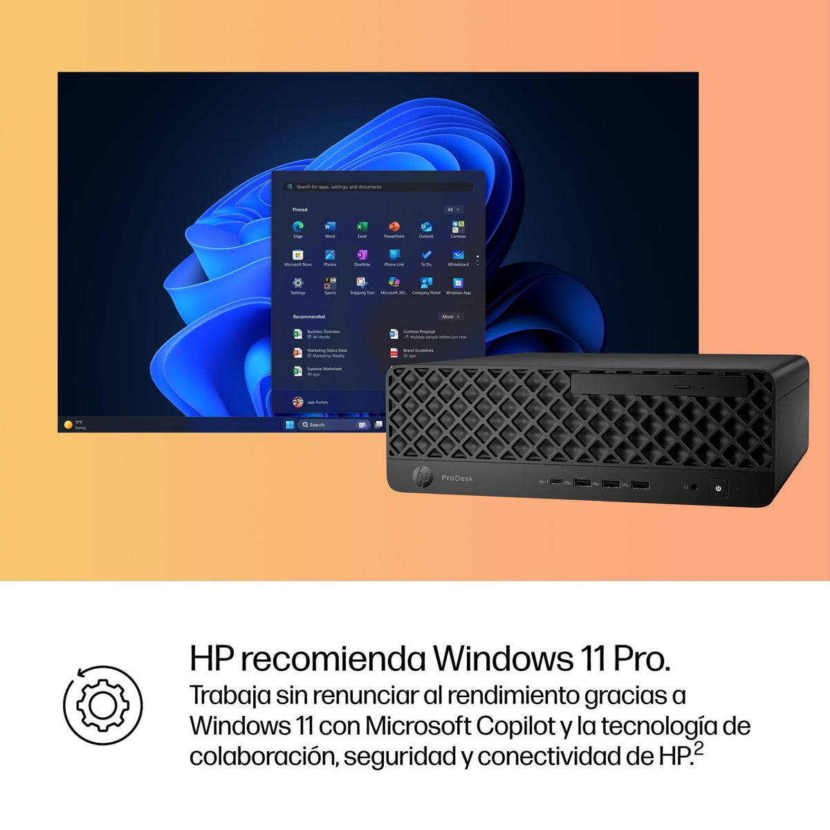 Hp Prodesk 4 G1i Ai Pc Sff Core Ultra 7 265 / Hasta 5.3 Ghz Vpro Enterprise Ram 16 Gb Ssd 512 Gb Nvme Intel Graphics Gigabit Ethernet Ieee 802.11ax (Wi-Fi 6e) Bluetooth 5.3 Win 11 Pro Monitor: Ninguno Teclado: Español Jack Black