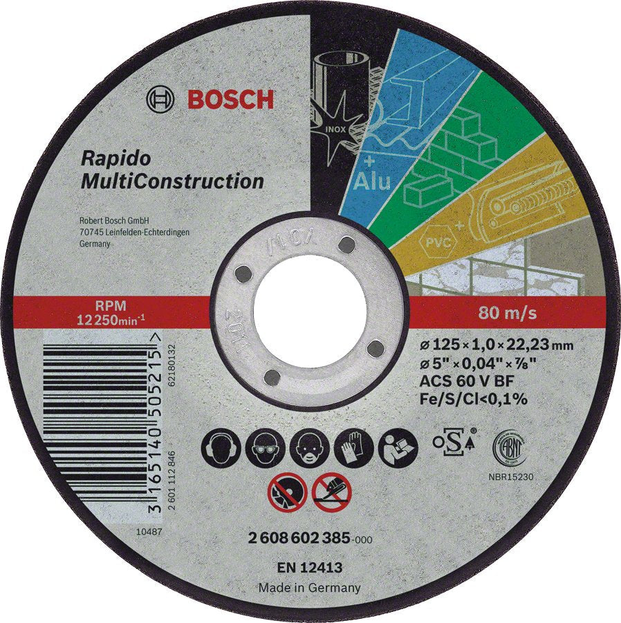 Disco De Corte Bosch Multiconstruction - Rapido, Ø 115mm (Diámetro 22,23 Mm, Acs 60 V Bf, Recto) 2608602384