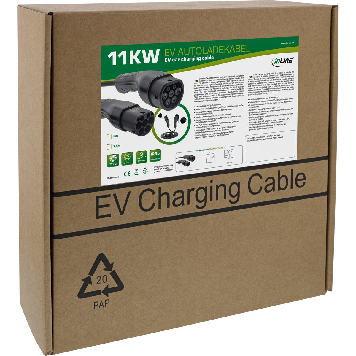 Inline® Ev Car Charging Cable 11kw Type2, 3-Phase, 5m