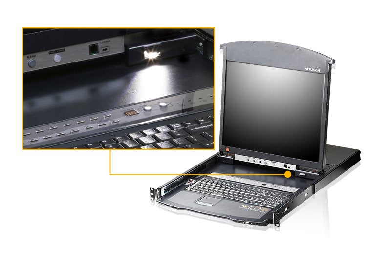Aten 16-Puertos 17" Lcd Cat5e/6 Kvm Sobre Ip Switch (Dual Rail) - Kl1516aim-Axa-Xg El Conmutador Kvm De Dos Módulos Retráctiles Con Pantalla Lcd Kl1516ai Es Una Unidad De Control Que Da Acceso A Hasta 16 Computadoras Desde Una Única Consola