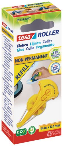 Tesa Rodillo Adhesivo No Permanente Ecologo, Cartucho De Recarga Amarillo, 14 Metros