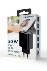 Cargador Rapido Usb Gembird De 2 Puertos Y 20 W, Negro