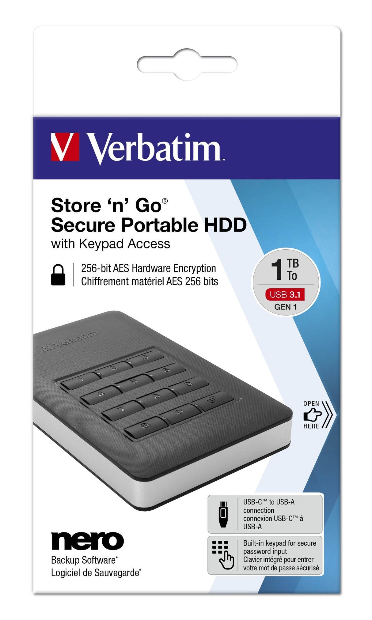 Verbatim Disco Duro Portátil Y Seguro Store Go De 1 Tb Con Teclado, Unidad De Disco Duro Negro/Plateado, 1000 Gb, Negro, Plata
