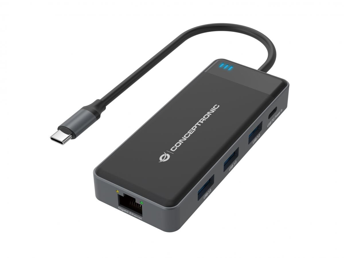 Adaptador Usb-C 7in1 Conceptronic Hdmix2  Usb-C Pd 100w Usb-A  Rj45 Gigabit Donn14g