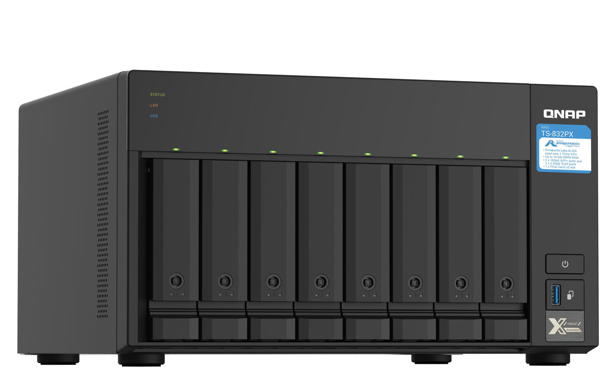 Qnap Ts-832px-4g 8-Bay Nas Server Al324 1.7ghz Quad Core 4gb Ddr4 Sodimm Max. 16gb 2x10gbe Sfp+ Lan + 2x2.5gbe