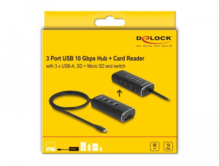 Delock 64234 Hub Usb Type-C 3 Puertos Con Lector De Tarjetas Sd Y Micro Sd - 60 Cm Cable E Interruptor Para Cada Puerto