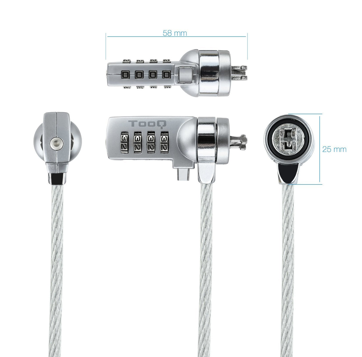 Tooq Cable De Seguridad Universal Con Combinacion Para Portatiles - Bloqueo De 4 Digitos - Acero 4.5mm - Longitud 1.50m