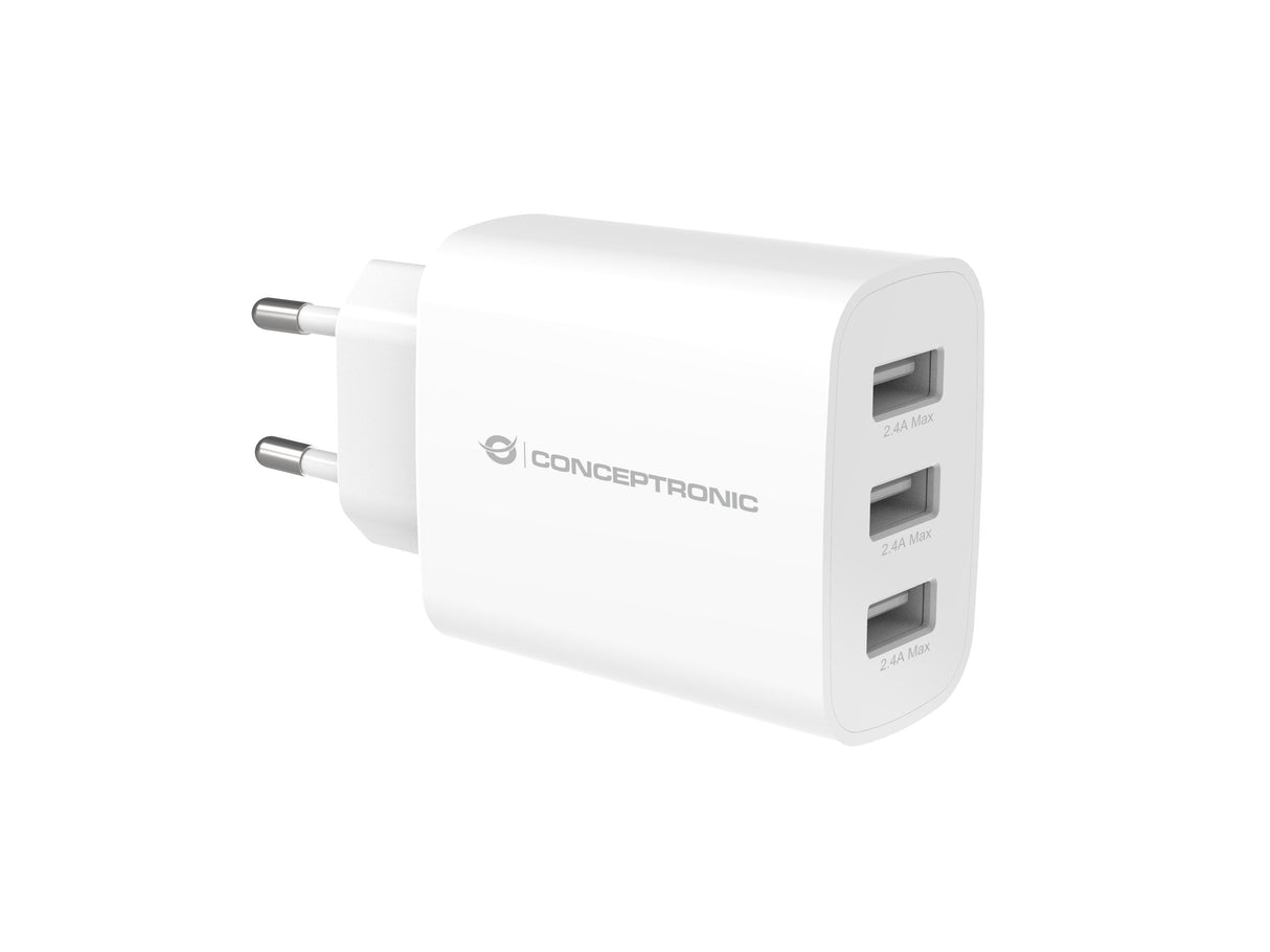 Conceptronic Cargador 3port 30w,Usb-A Blanco