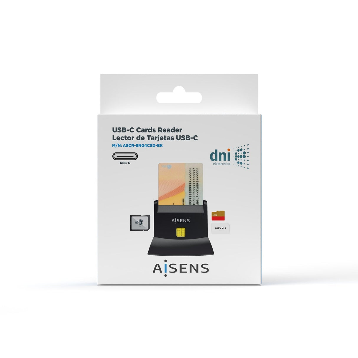 Aisens Lector De Tarjetas Inteligente Dni Con Lector Sim, Sd, Mirosd, Mmc, Rs-Mmc, Mmc Micro, Usb-C, Negro