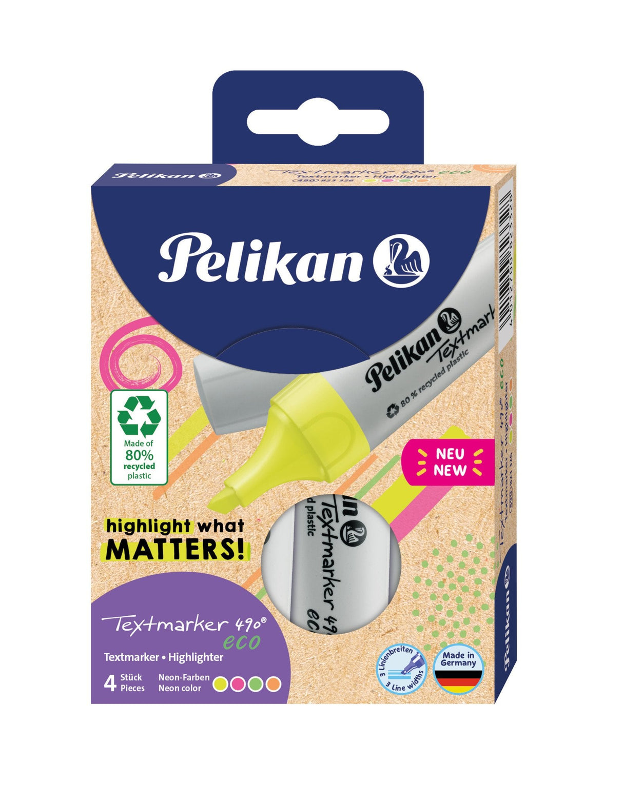 Pelikan Textmarker 490 Eco Set Aus 4 Neon-Farben Im Etui