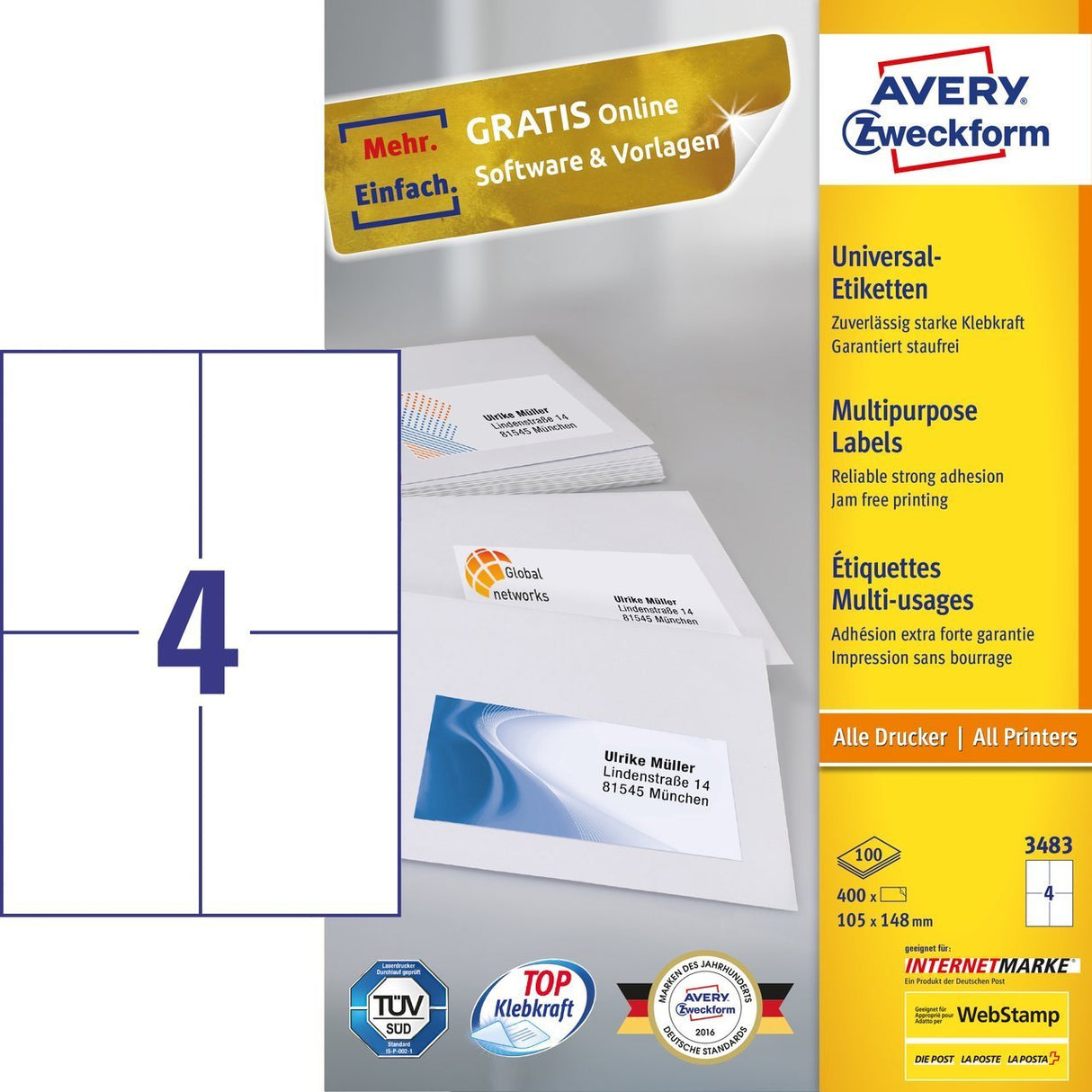 Avery Zweckform 3483 Etiqueta Autoadhesiva Blanco Rectángulo Permanente 400 Pieza(S)