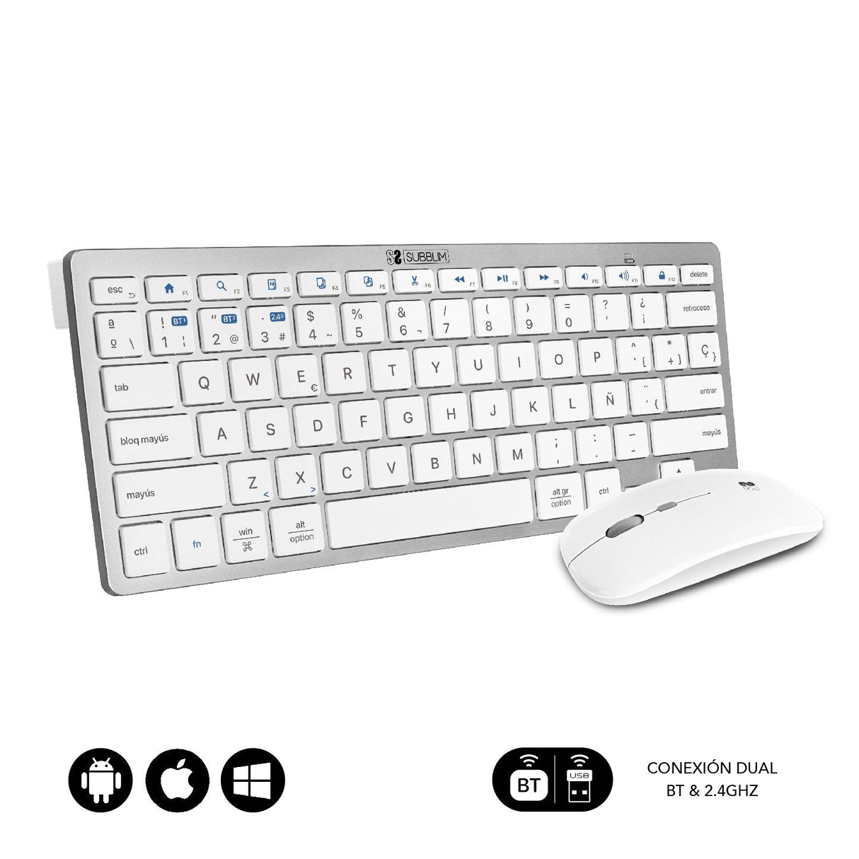 Teclado Y Ratón Inalámbrico Subblim Oco010 Combo Multidispositivo Compacto Plata