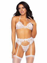 Leg Avenue Conjunto Bra Top, Ligueros & G-Tanga - Blanco