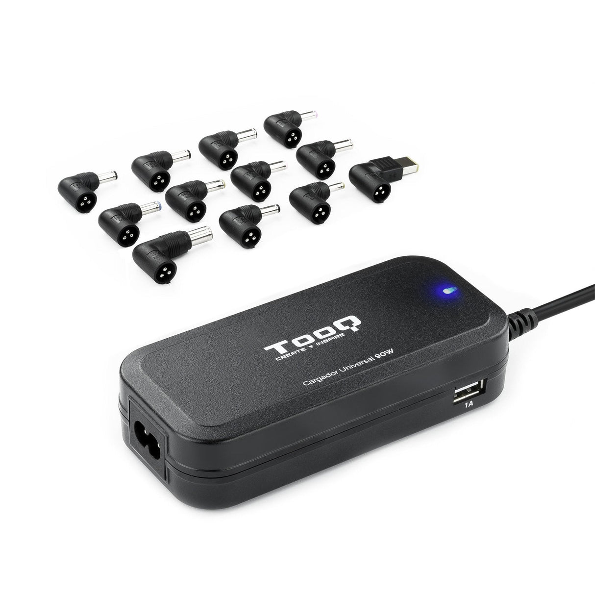 Tooq Cargador Universal Automatico Para Portatil 90w - 2x Usb - 12 Adaptadores - Voltaje 12-20v