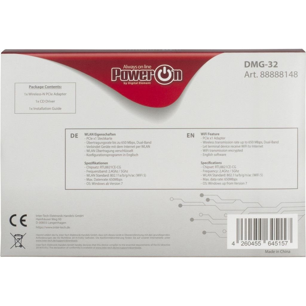 Inter-Tech Wi-Fi 5 Pcie Adapter Dmg-32 2dbi Antenna 650mbps Retail