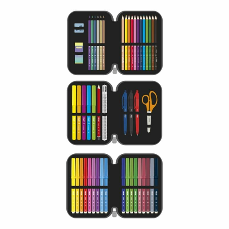 Milan Sunset Plumier De 3 Pisos Con Goma De Borrar, Sacapuntas, Lapiz, 3 Boligrafos Capsule, Regla, 12 Lapices De