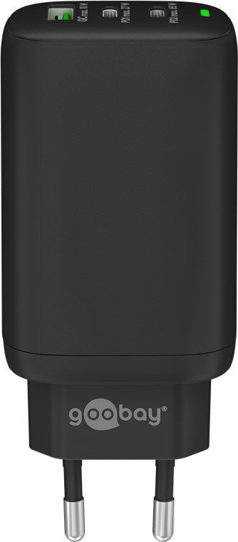 Cargador Goobay  Rápido Multipuerto Usb-C, Pd, Gan, 65 Vatios Negro, 2x Usb-C, 1x Usb-A, Power Delivery, Quickcharge 65407