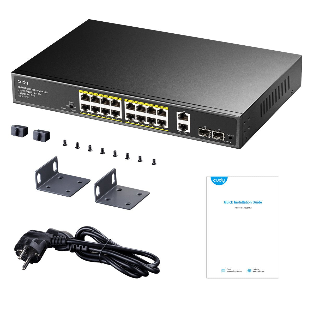 Switch Cudy 20 Puertos - Capacidad Conmutacion 40gbps - 16x Rj45 Poe+ - 2x Rj45 Gbe - 2x Gigabit Sfp - Reinicio