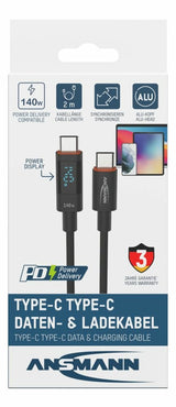 Cable Ansmann Usb 2.0 , Usb-C Stecker > Usb-C Stecker (Anthrazit, 2,0 Meter, Pd 3.1,  Laden Mit Bis Zu 140 Watt, Gesleevt, Integriertes Led Display) 1700-0171