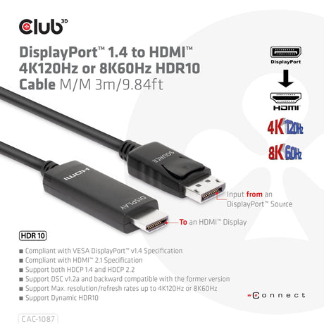 EAN 8719214472436 - CLUB3D CAC-1087 adaptador de cable de vídeo 3 m DisplayPort HDMI Negro imagen 3