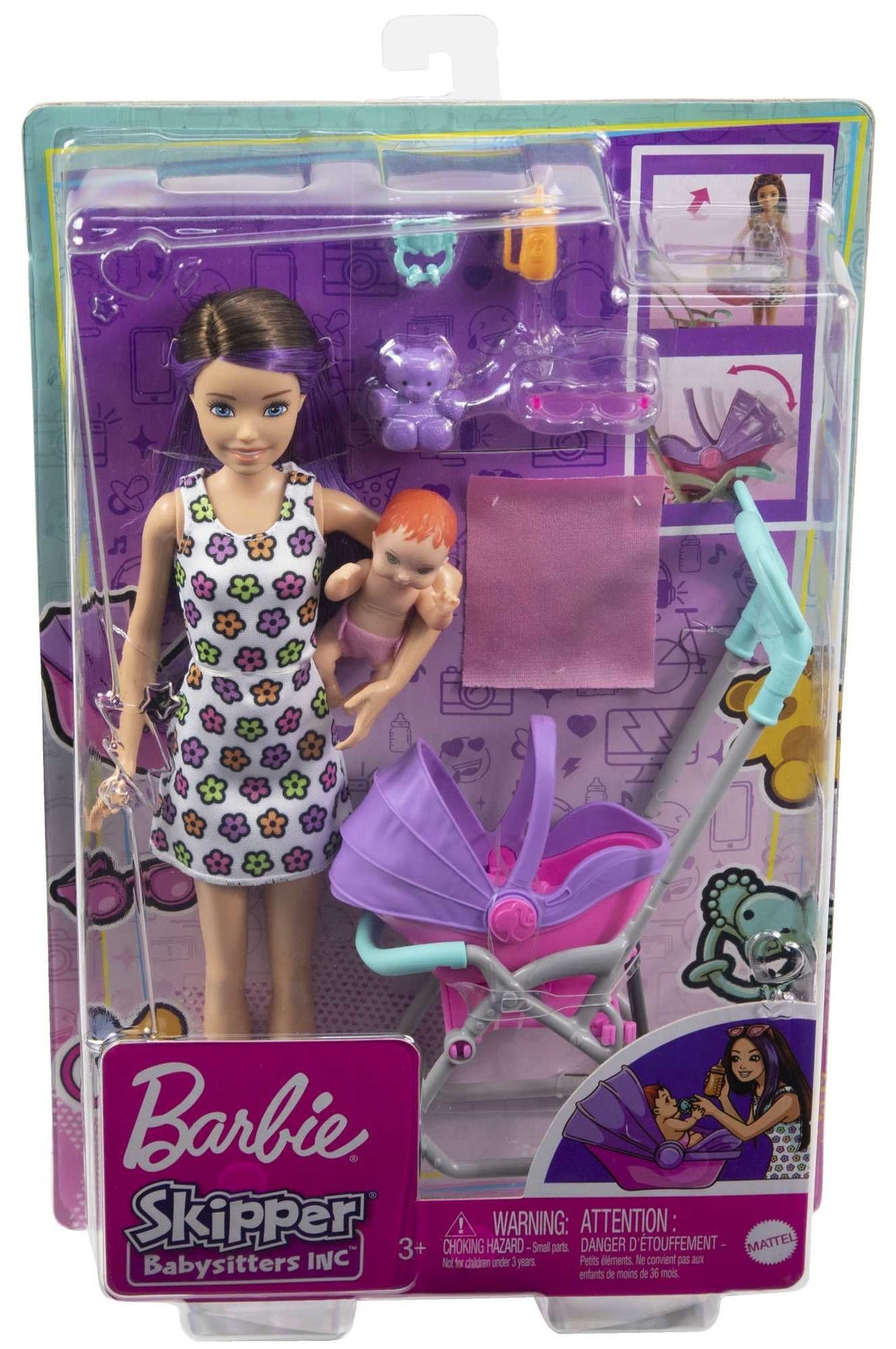 Lalka Barbie Barbie Opiekunka Skipper Wózek + Bobas Zestaw Gxt34