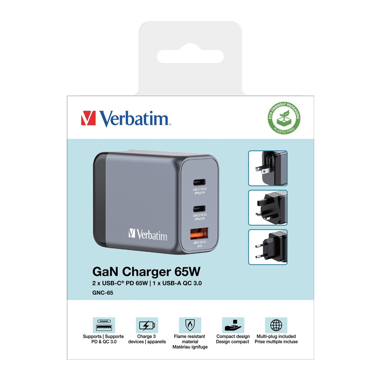 Cargador De Pared Universal Verbatim Gnc-65 2xusb Tipo-C 1xusb 65w