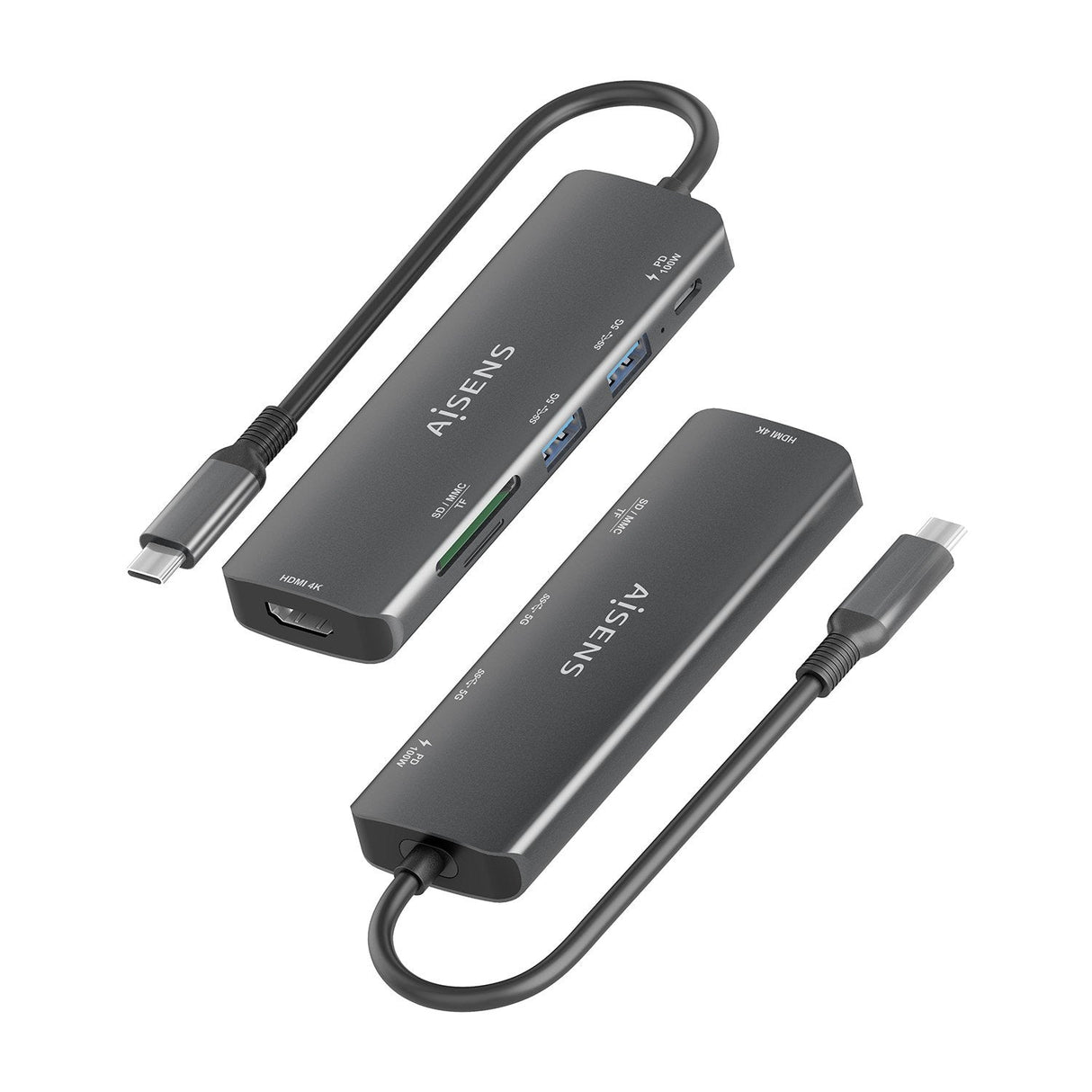 Aisens Usb-C Dock 6 En 1, Usb-C A 1xhdmi, 2xusb-A, 1xusb-C Pd 100w, 1xsd, 1xmicro Sd, Gris, 15cm