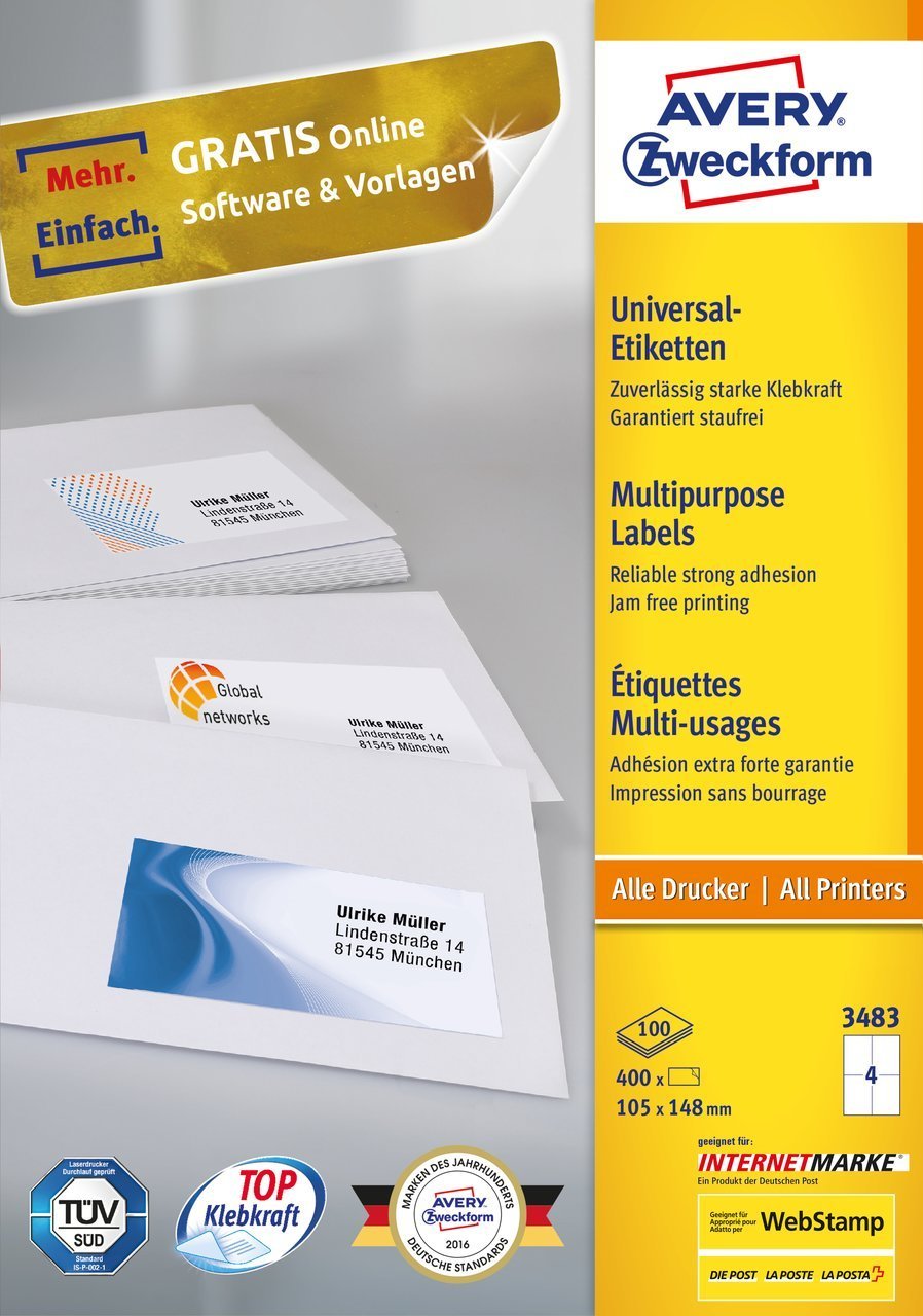 Avery Zweckform 3483 Etiqueta Autoadhesiva Blanco Rectángulo Permanente 400 Pieza(S)