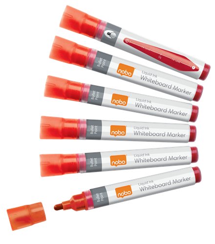 Nobo Caja De 10 Rotuladores Para Pizarra Blanca - Punta Redonda 3mm - Tinta Liquida - Nivel De Tinta - Color Rojo