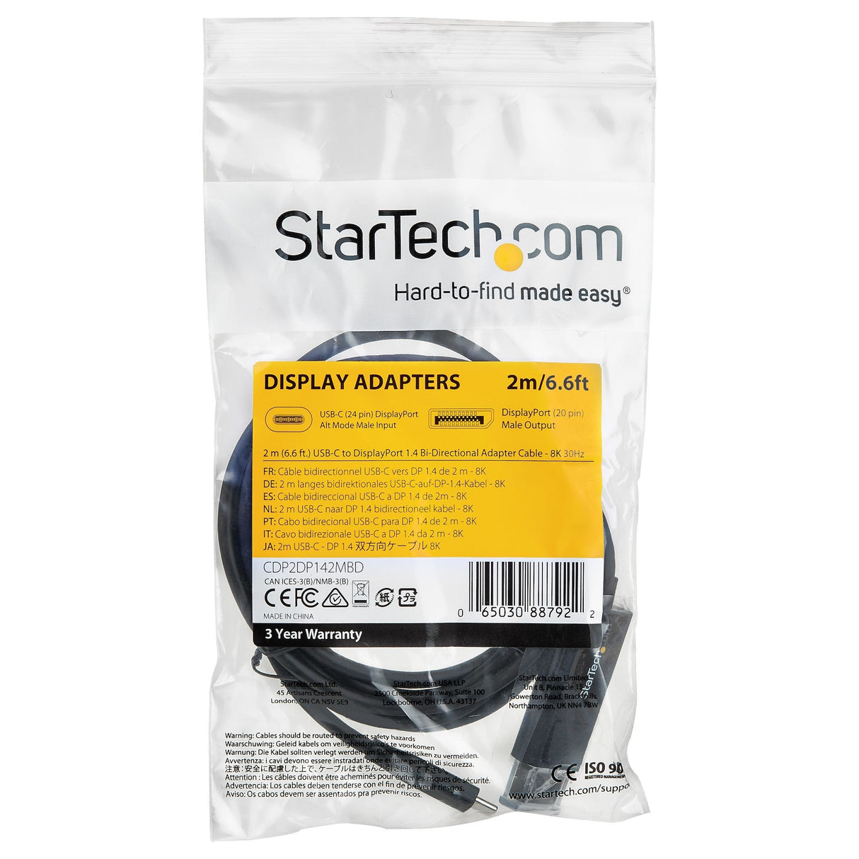 6.6 Ft. Usb C To Displayport   Cabl 1.4 Cable-Bidirectional-8k 30hz