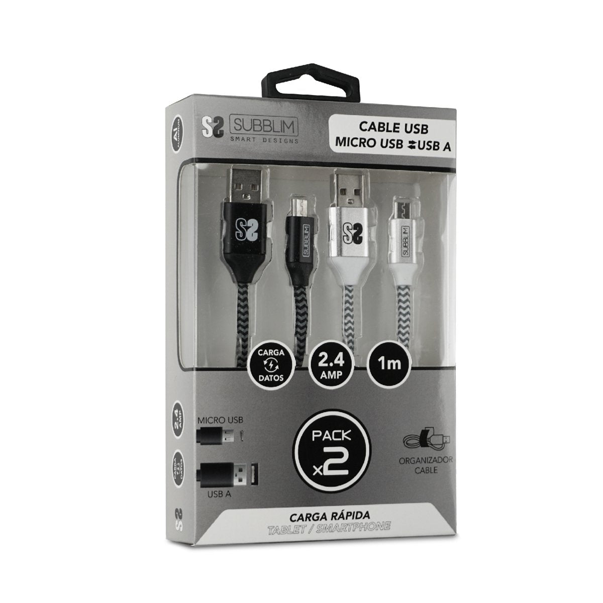 Cable Usb 2.0 Subblim Sub-Cab-1mu001 Pack 2/ Microusb Macho Usb Macho/ 1m/ Negro/Plata