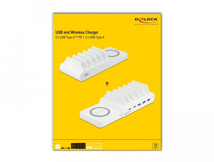 Delock 6 In 1 Estación De Carga Usb Wireless Charger 2 X Usb-C Pd + 3 X Usb