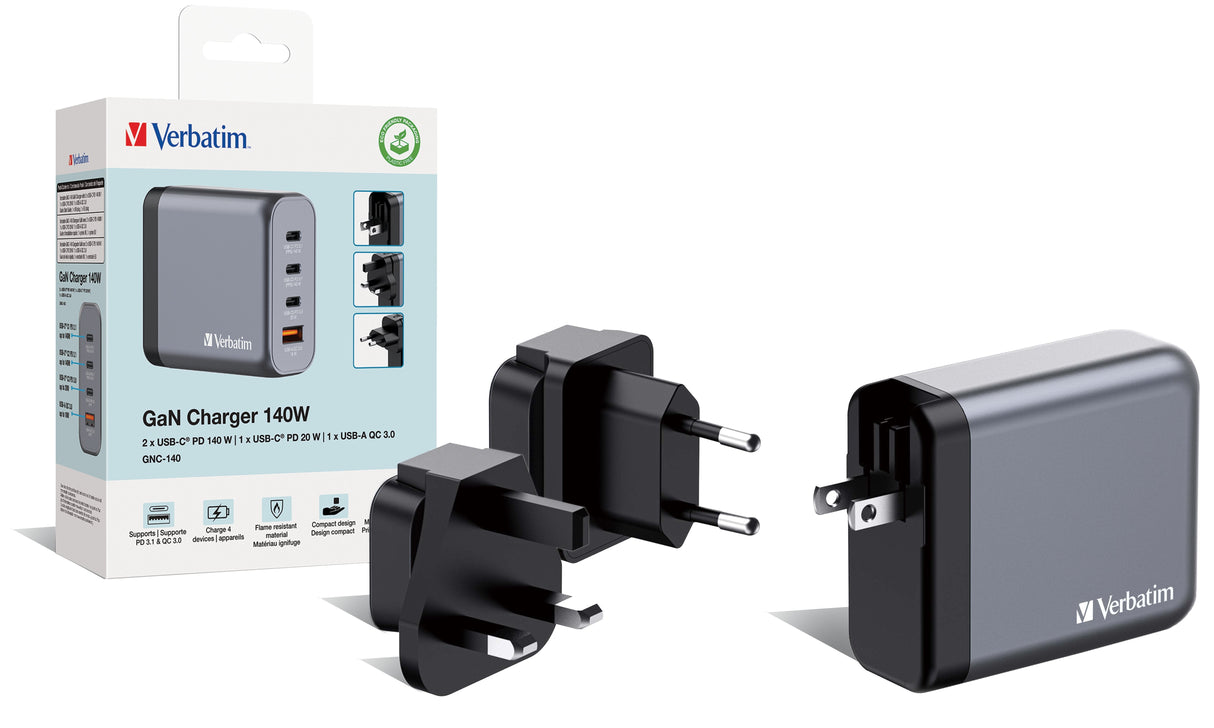 Cargador Verbatim Gan 140w, 1x Usb-A, 3x Usb-C Gris, Pd 3.1, Pd 3.0, Qc 3.0 32203