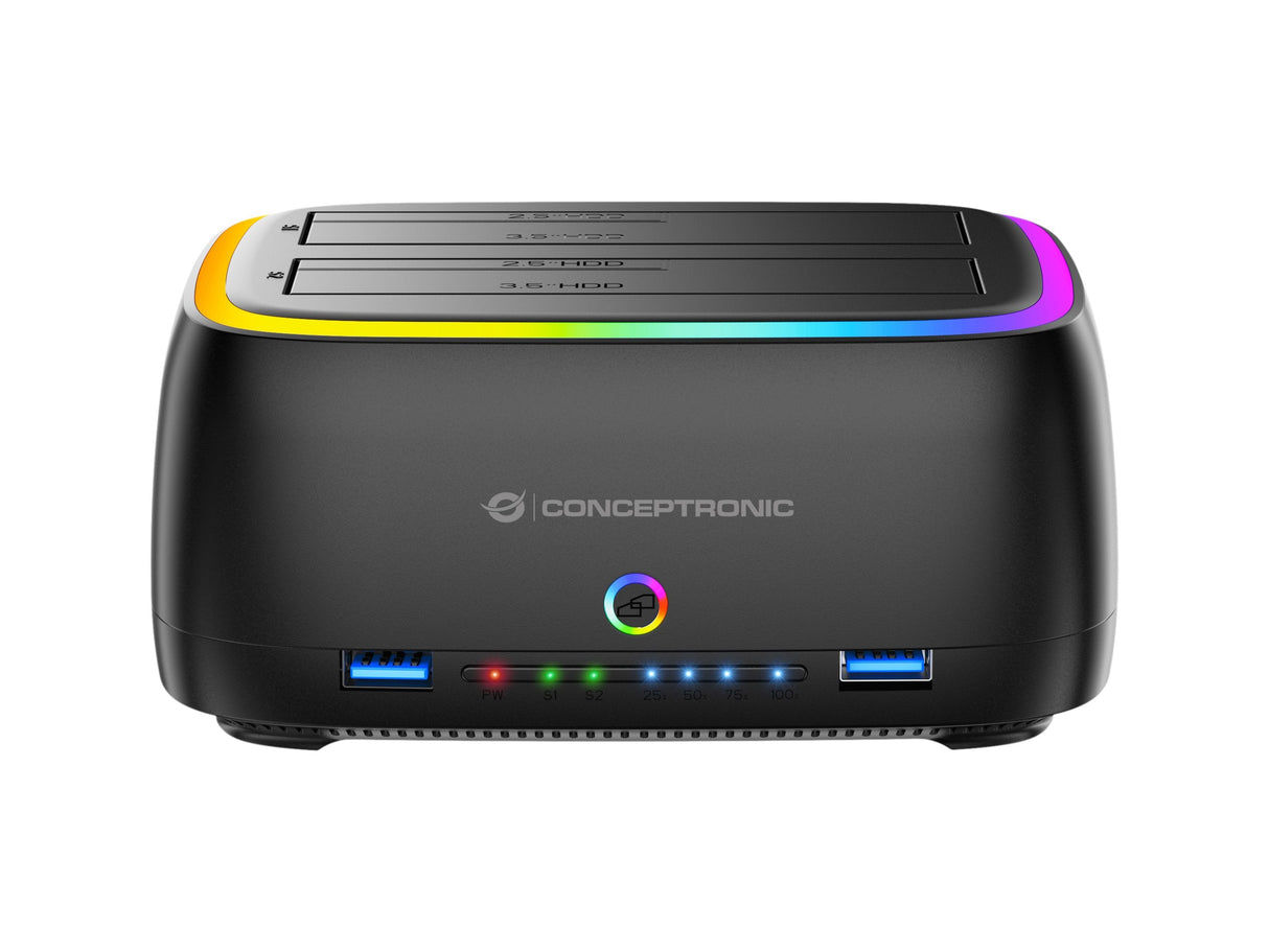 Docking Conceptronic Donn36b Usb-C Rgb Doble Bahia Sata Hdd Ssd 2.5" 3.5" Clonado Offline 2xusb-A Sd
