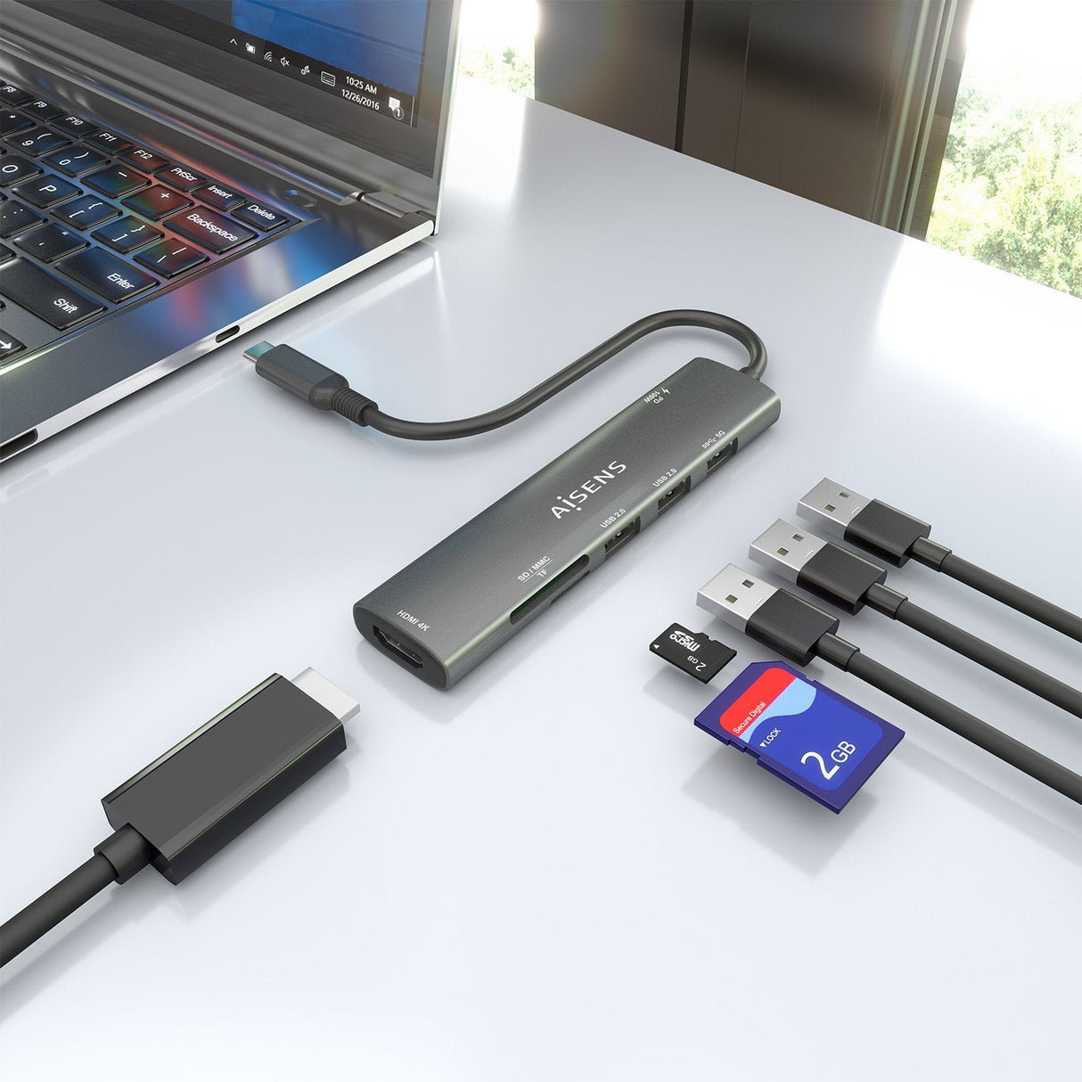 Aisens Usb-C Dock 7 En 1, Usb-C A 1xhdmi, 2xusb-A Usb2.0, 1xusb-A Usb3.0, 1xusb-C Pd 100w, 1xsd, 1xmicro Sd, Gris, 15cm