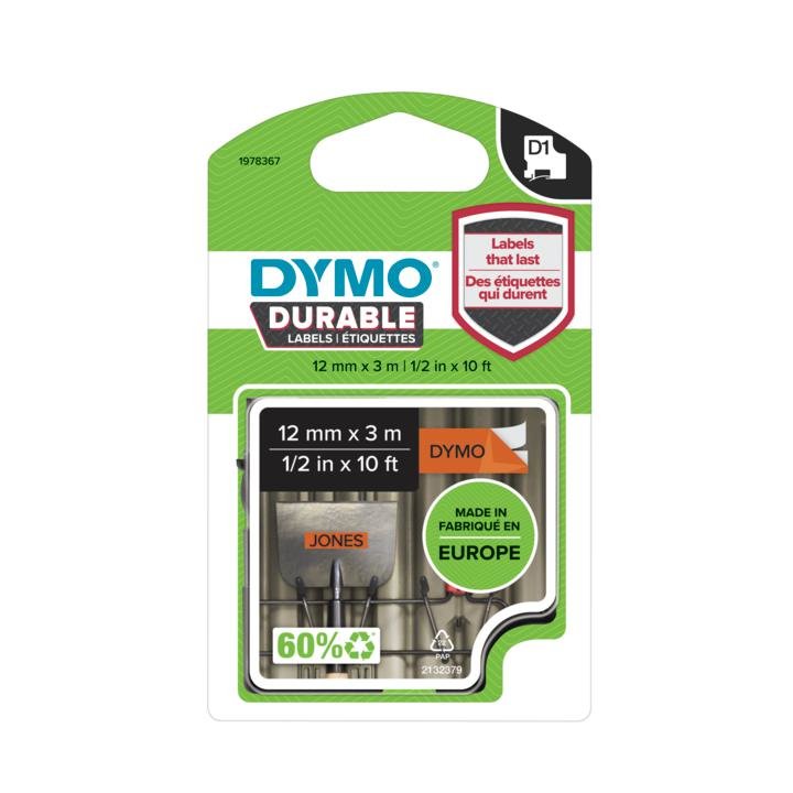 Dymo D1 - Etiquetas Durable - Blanco Sobre Naranja - 12mm X 3m