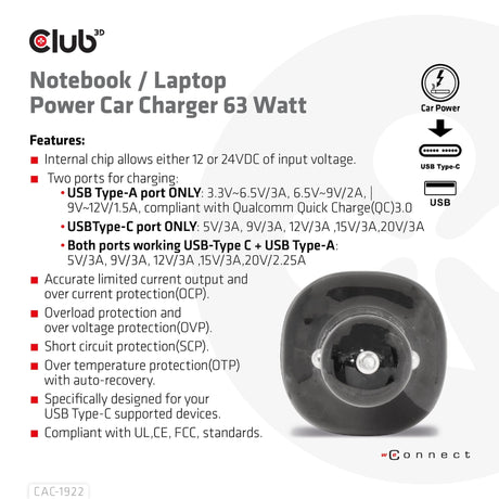 EAN 8719214472795 - CLUB3D USB KFZ-Ladegerät 1xUSB C A 63W 12/24V retail imagen 7