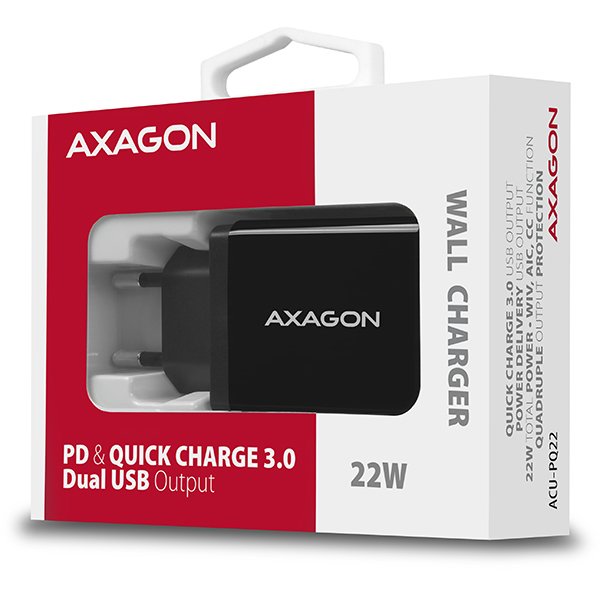 Cargador De Red Axagon Acu-Pq22, Pd Y Quick, 2x Puertos Qc3.0 / Afc / Fcp + Pd Tipo-C, 22w