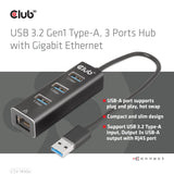 Club3d Usb 3.2 Gen1 Tipo-A, Hub De 3 Puertos Con Gigabit Ethernet