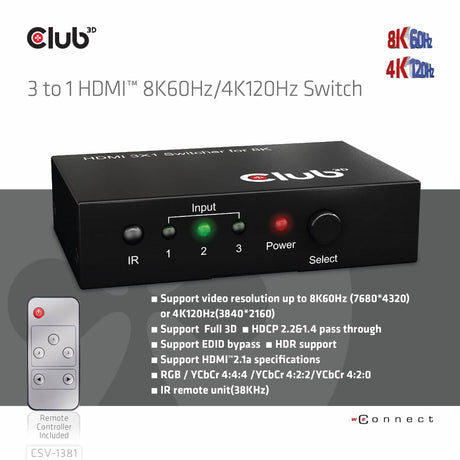 EAN 8719214472719 - CLUB3D 3 to 1 HDMI 8K60Hz Switch interruptor KVM Negro imagen 8