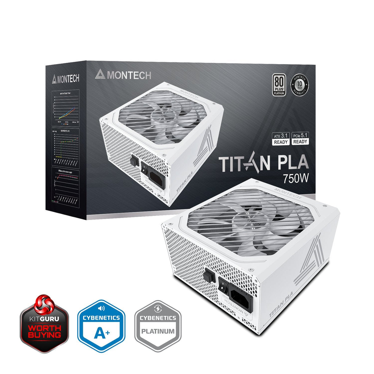 Montech Titan Pla 750w - 80 Plus & Cybenetics Platinum, Modular, Pcie 5.1 - 750 Watt, Weiss