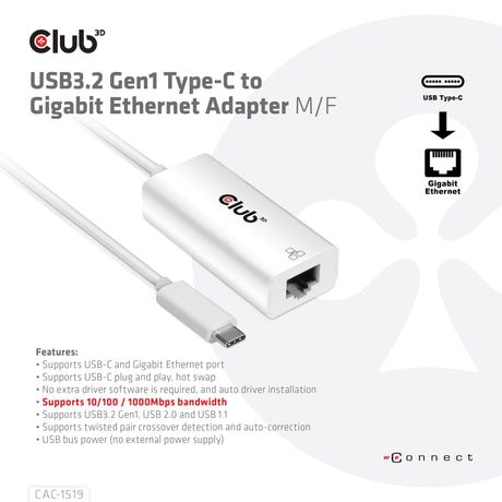 EAN 8719214471811 - CLUB3D CAC-1519 cambiador de género para cable USB-C RJ-45 Blanco imagen 3