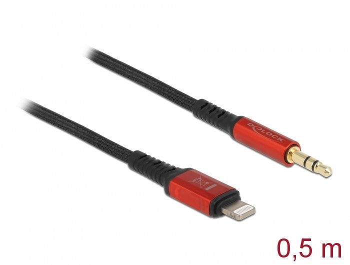 Cable  Delock  De Audio Conector Lightning De 8 Pines > Conector Jack De 3,5 Mm, 3 Pines, Negro/Rojo, 50 Cm 86586