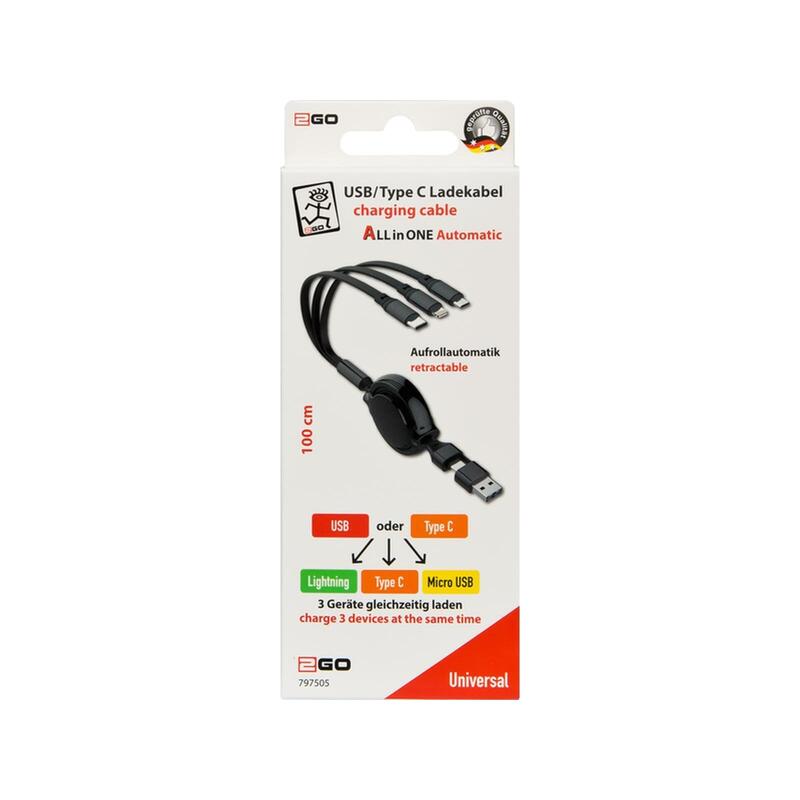 2go Ladecable 5in1 Allinone Usb-A Usb-C Aufrollautomatik 1m