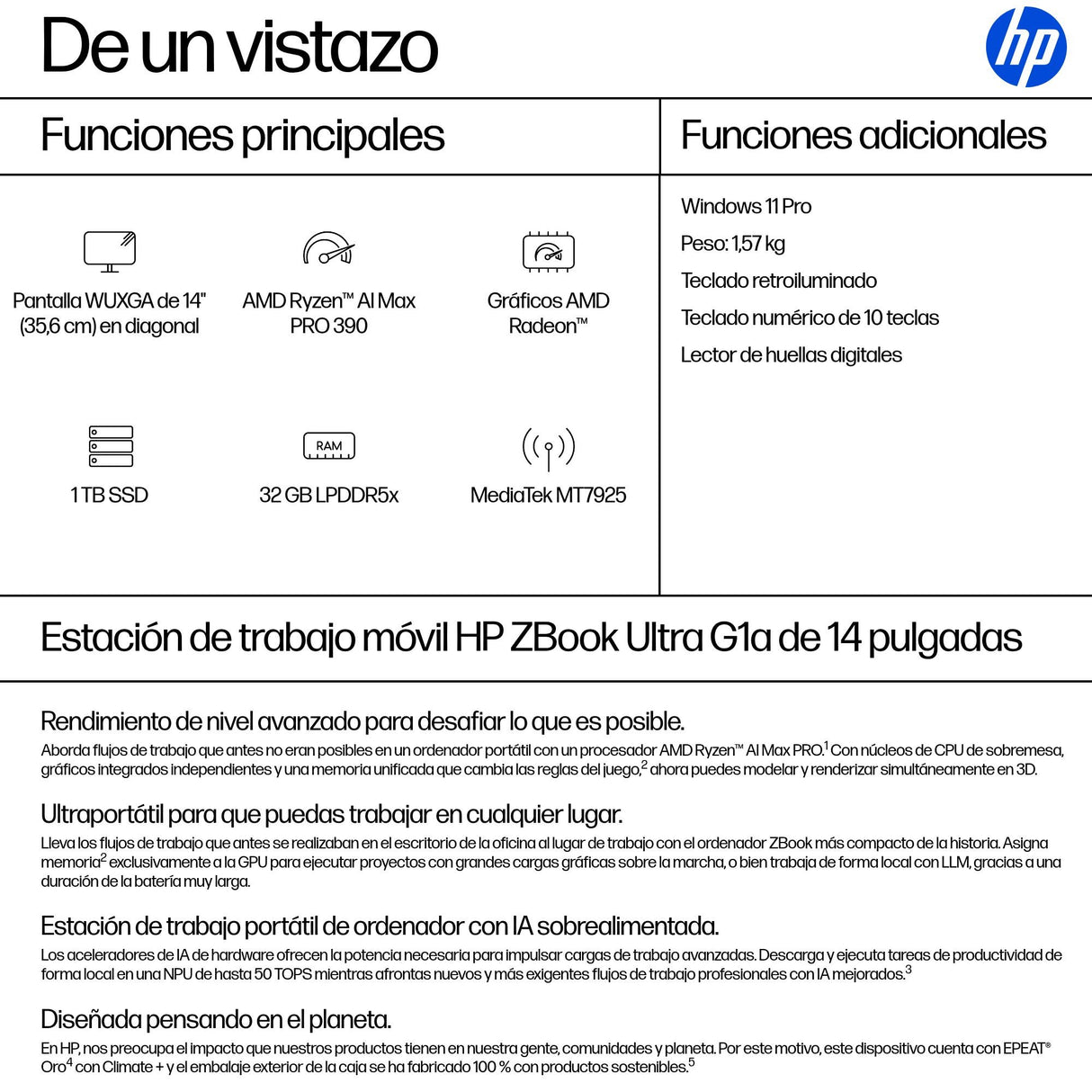 EAN 199251039232 - HP ZBook Ultra G1a Copilot+ PC AMD Ryzen AI Max PRO 390 Estación de trabajo móvil 35,6 cm (14") WUXGA 32 G imagen 4