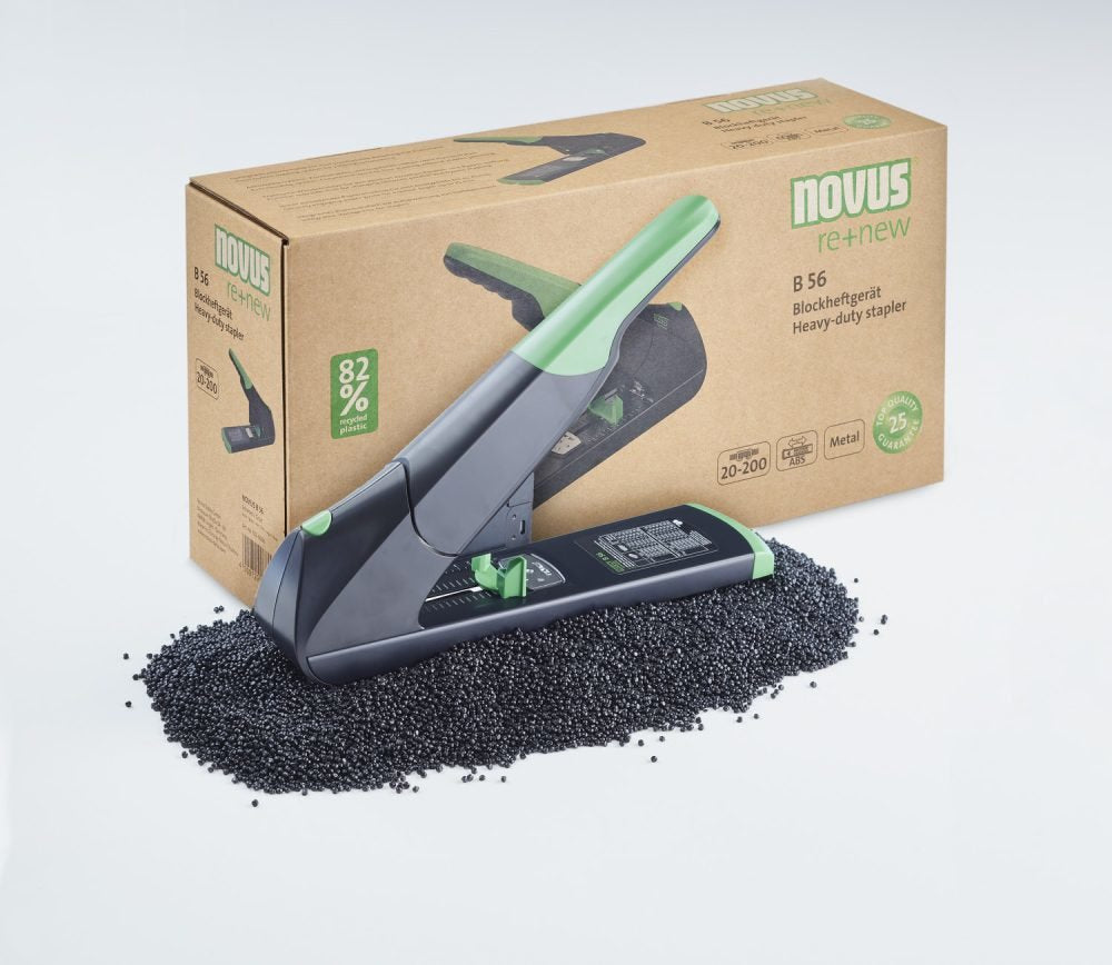 Novus B 56 Re+New Grapadora De Gruesos - Fabricada Con Plastico Reciclado - Hasta 200 Hojas - Grapado Cerrado Con Sistema Bypass